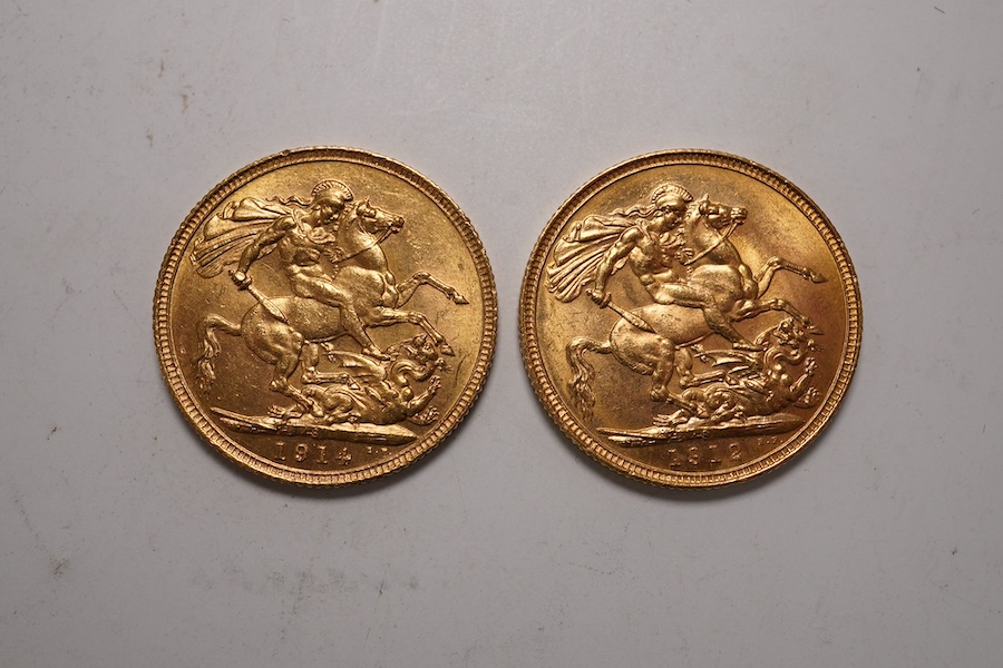 Australia gold coins, George V, two gold sovereigns, 1912S, good EF and 1914S, EF